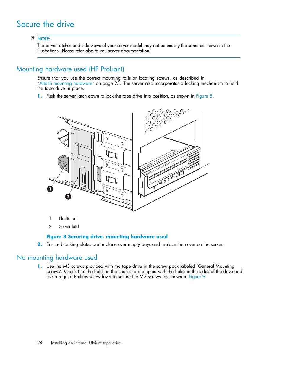 Secure the drive, Mounting hardware used (hp proliant), No mounting hardware used | 8 securing drive, mounting hardware used | HP StoreEver Ultrium Tape Drives User Manual | Page 28 / 78