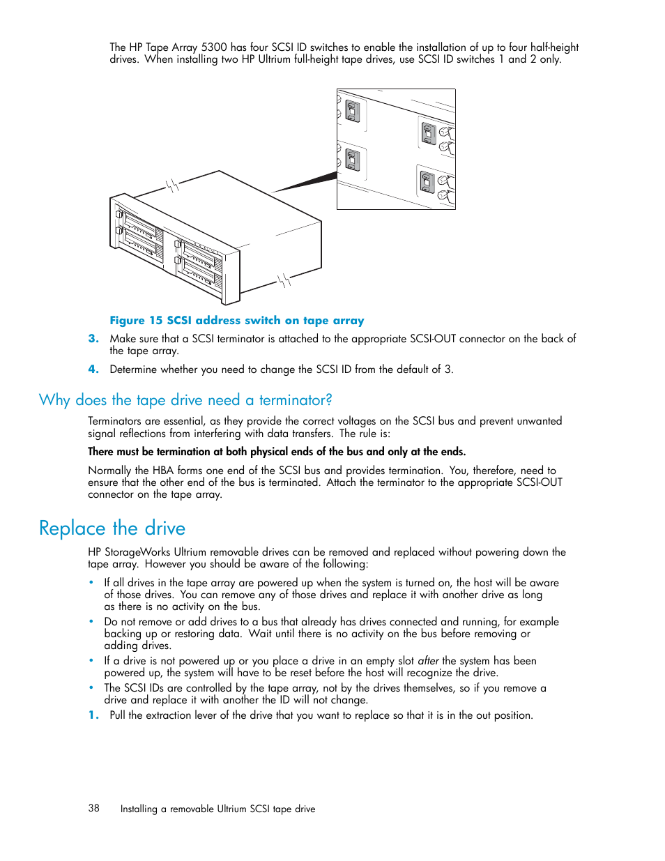 Why does the tape drive need a terminator, Replace the drive, 15 scsi address switch on tape array | Figure 15 | HP StoreEver Ultrium Tape Drives User Manual | Page 38 / 78