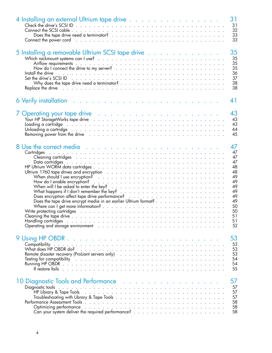 4 installing an external ultrium tape drive, 5 installing a removable ultrium scsi tape drive, 6 verify installation 7 operating your tape drive | 8 use the correct media, 9 using hp obdr, 10 diagnostic tools and performance | HP StoreEver Ultrium Tape Drives User Manual | Page 4 / 78