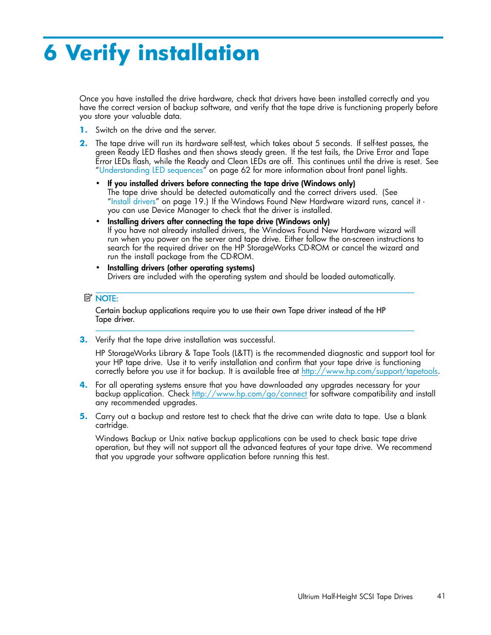 6 verify installation | HP StoreEver Ultrium Tape Drives User Manual | Page 41 / 78