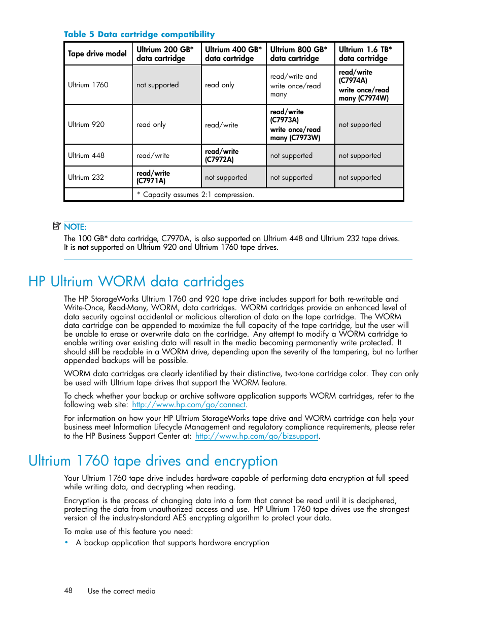 Hp ultrium worm data cartridges, Ultrium 1760 tape drives and encryption, 5 data cartridge compatibility | Table 5 | HP StoreEver Ultrium Tape Drives User Manual | Page 48 / 78