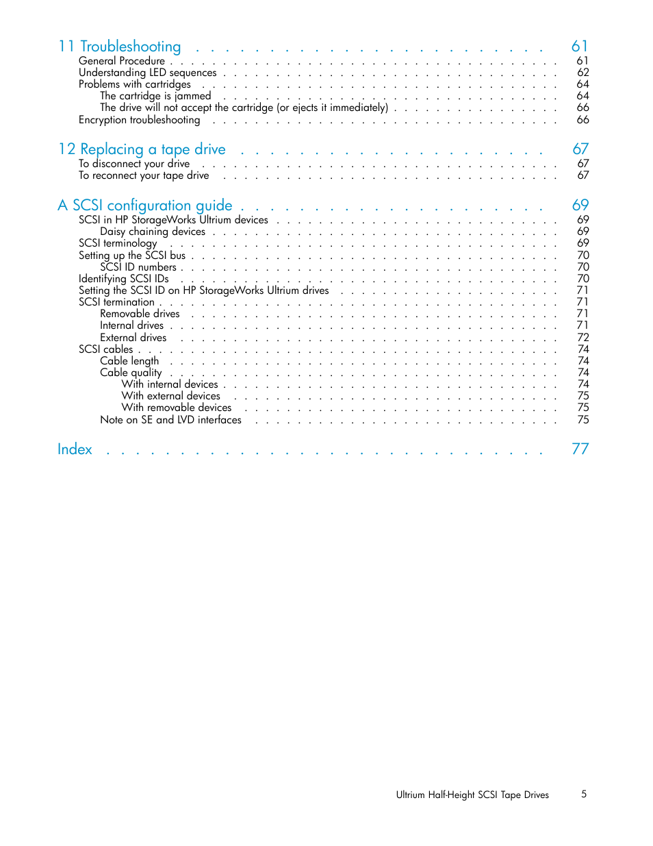 11 troubleshooting, 12 replacing a tape drive, A scsi configuration guide | Index | HP StoreEver Ultrium Tape Drives User Manual | Page 5 / 78