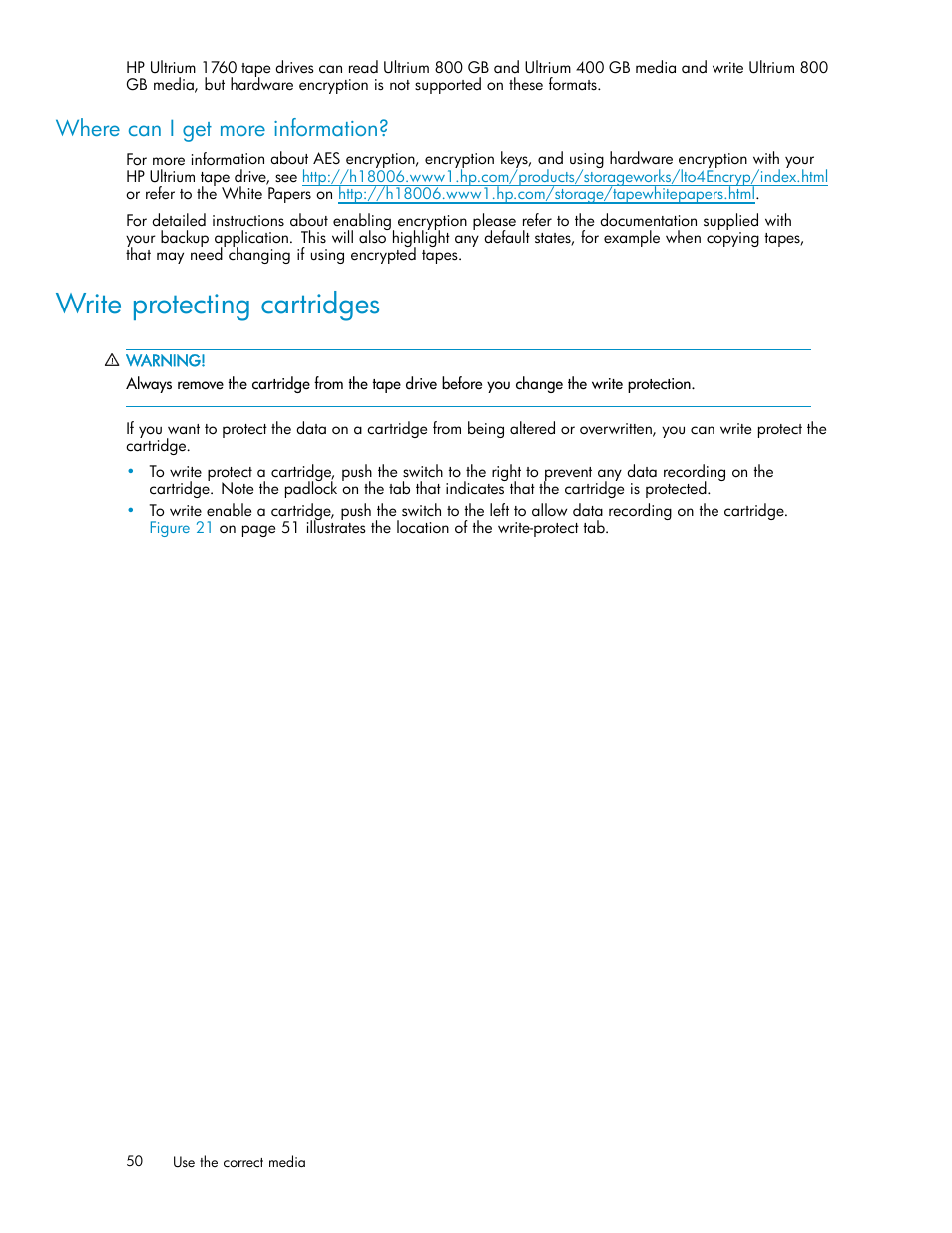 Where can i get more information, Write protecting cartridges | HP StoreEver Ultrium Tape Drives User Manual | Page 50 / 78