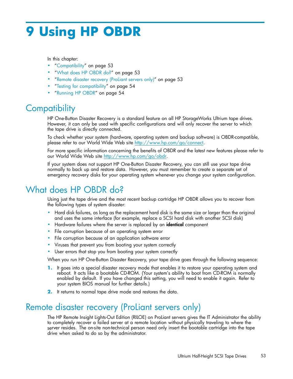 9 using hp obdr, Compatibility, What does hp obdr do | Remote disaster recovery (proliant servers only) | HP StoreEver Ultrium Tape Drives User Manual | Page 53 / 78