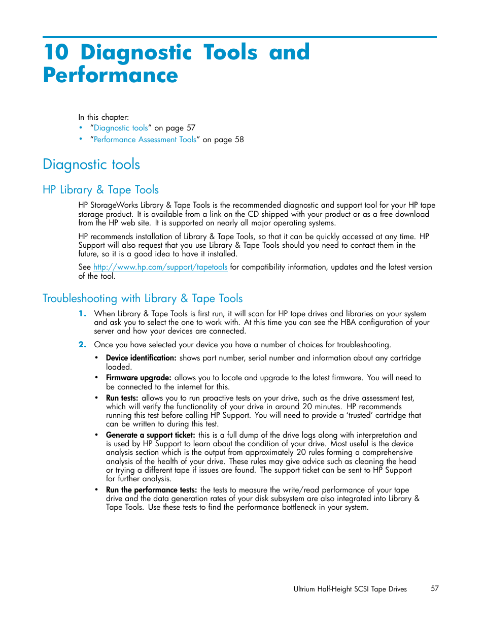 10 diagnostic tools andperformance, Diagnostic tools, Hp library & tape tools | Troubleshooting with library & tape tools, 10 diagnostic tools and performance | HP StoreEver Ultrium Tape Drives User Manual | Page 57 / 78