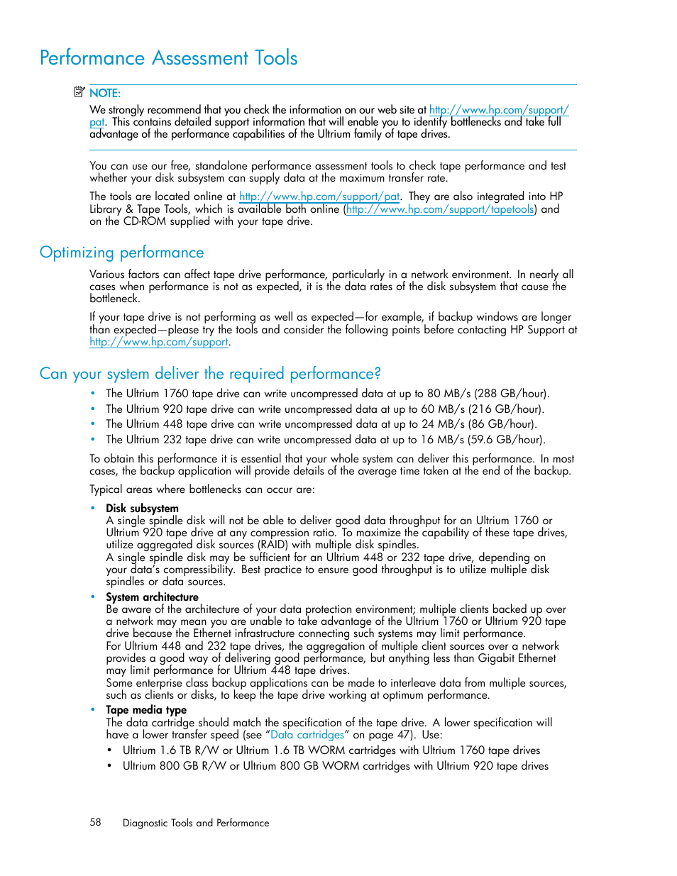 Performance assessment tools, Optimizing performance, Can your system deliver the required performance | HP StoreEver Ultrium Tape Drives User Manual | Page 58 / 78