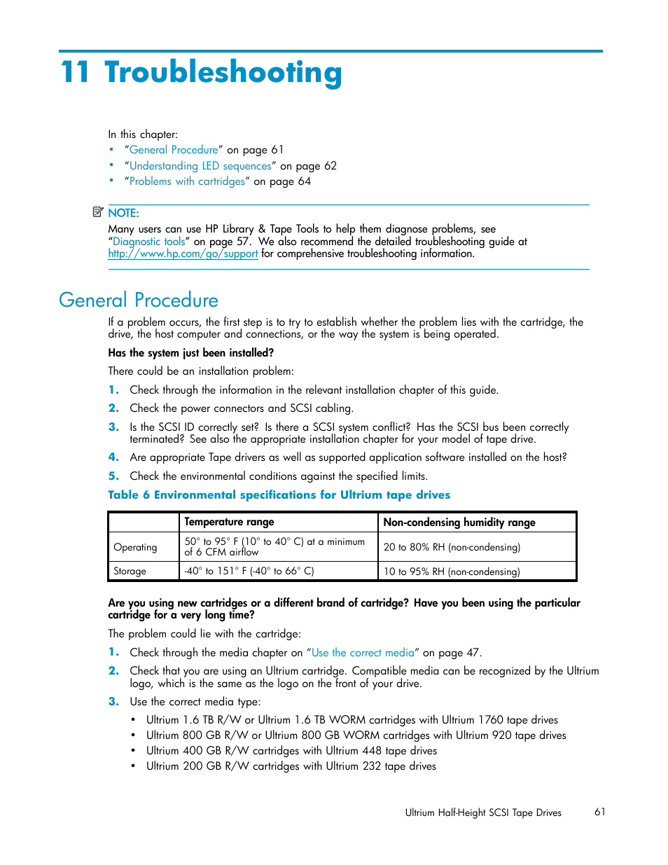 11 troubleshooting, General procedure | HP StoreEver Ultrium Tape Drives User Manual | Page 61 / 78