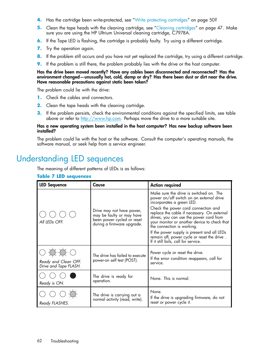 Understanding led sequences, 7 led sequences | HP StoreEver Ultrium Tape Drives User Manual | Page 62 / 78