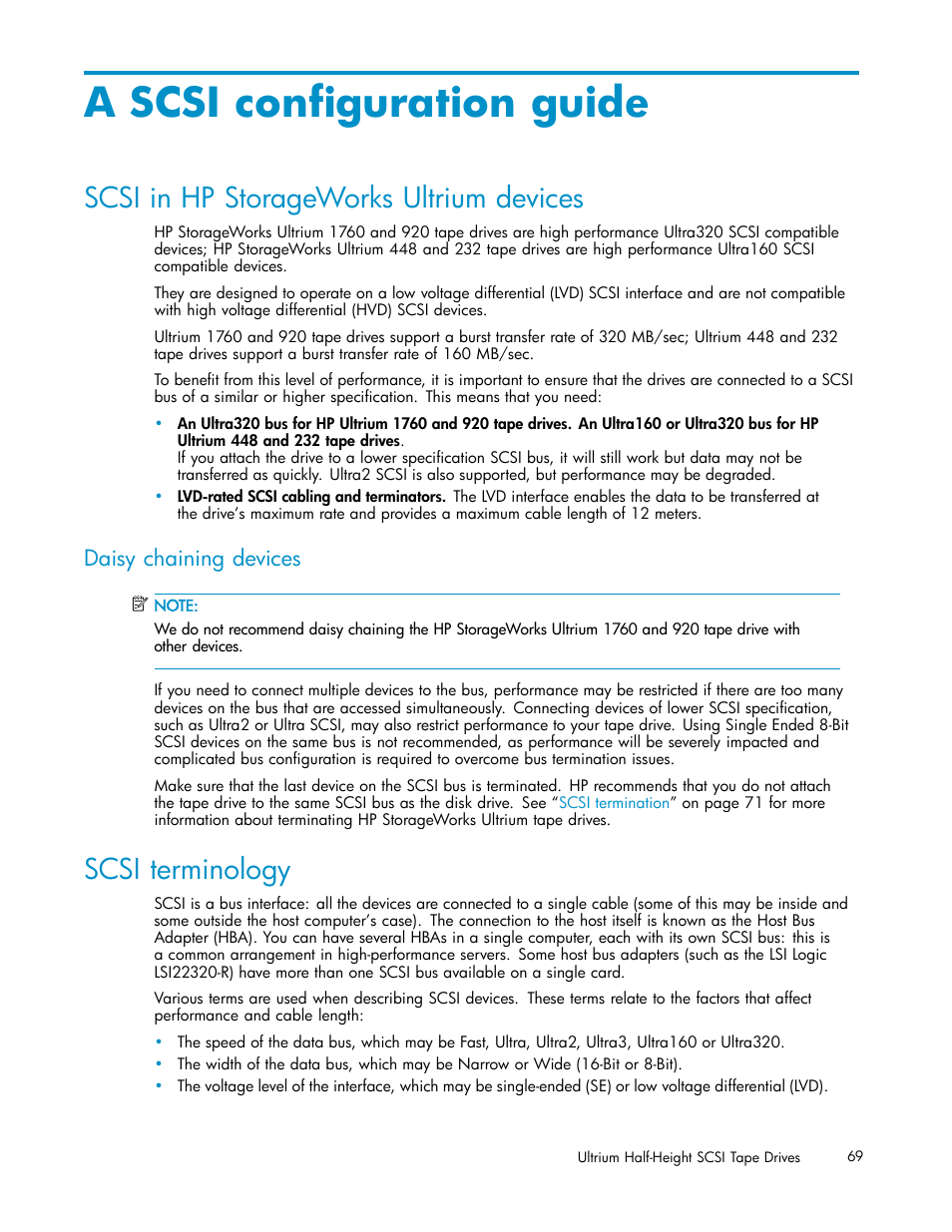 Daisy chaining devices, Scsi terminology, Setting up the scsi bus | Scsi id numbers, A scsi configuration guide, Scsi in hp storageworks ultrium devices | HP StoreEver Ultrium Tape Drives User Manual | Page 69 / 78