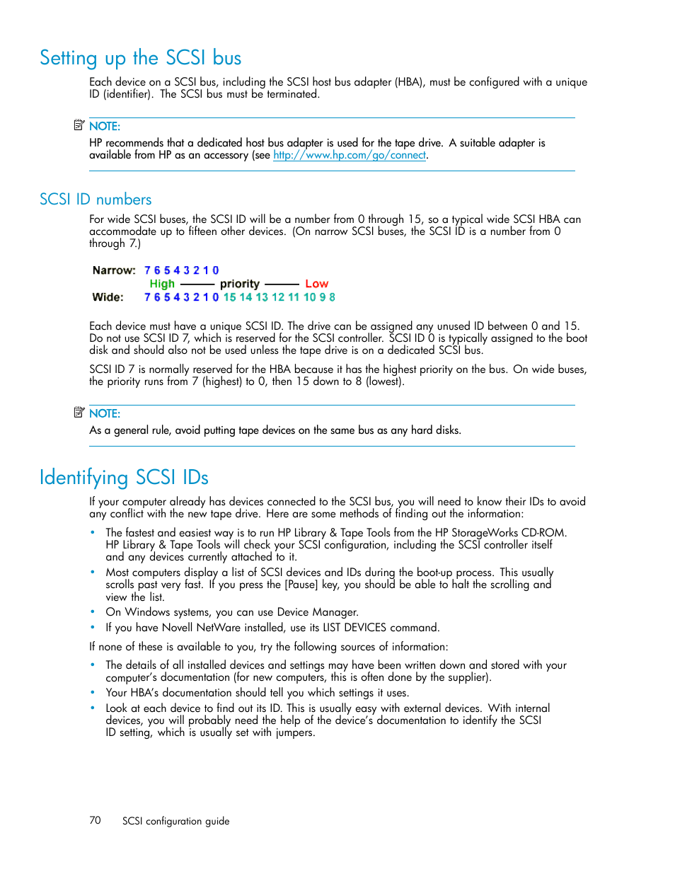 Identifying scsi ids, Scsi termination, Setting up the scsi bus | Scsi id numbers | HP StoreEver Ultrium Tape Drives User Manual | Page 70 / 78