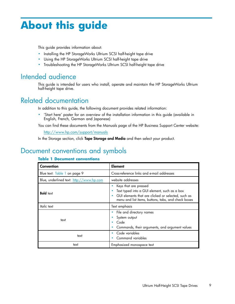 About this guide, Intended audience, Related documentation | Document conventions and symbols, 1 document conventions | HP StoreEver Ultrium Tape Drives User Manual | Page 9 / 78