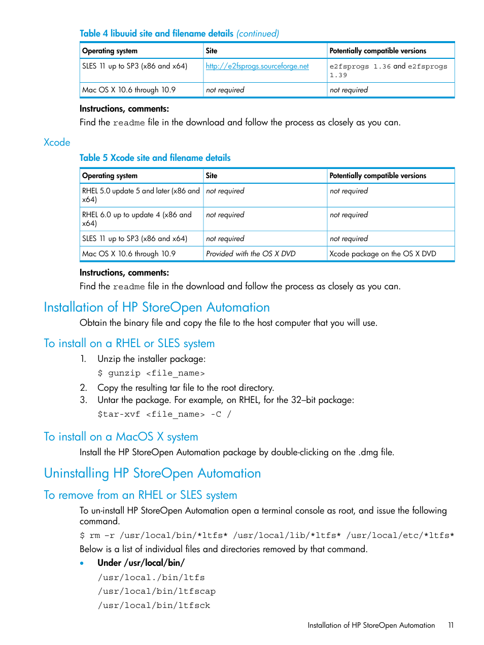 Xcode, Installation of hp storeopen automation, To install on a rhel or sles system | To install on a macos x system, Uninstalling hp storeopen automation, To remove from an rhel or sles system | HP StoreEver Ultrium Tape Drives User Manual | Page 11 / 25