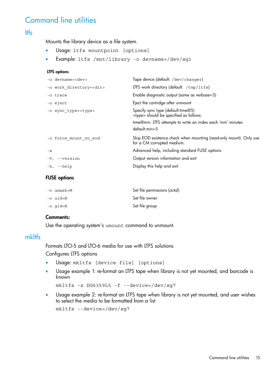 Command line utilities, Ltfs, Mkltfs | Ltfs mkltfs | HP StoreEver Ultrium Tape Drives User Manual | Page 15 / 25