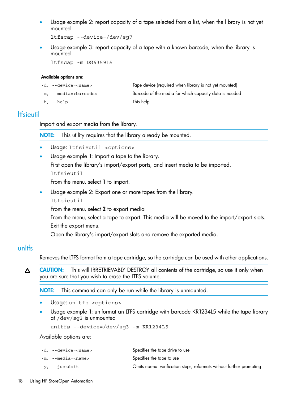 Ltfsieutil, Unltfs, Ltfsieutil unltfs | HP StoreEver Ultrium Tape Drives User Manual | Page 18 / 25