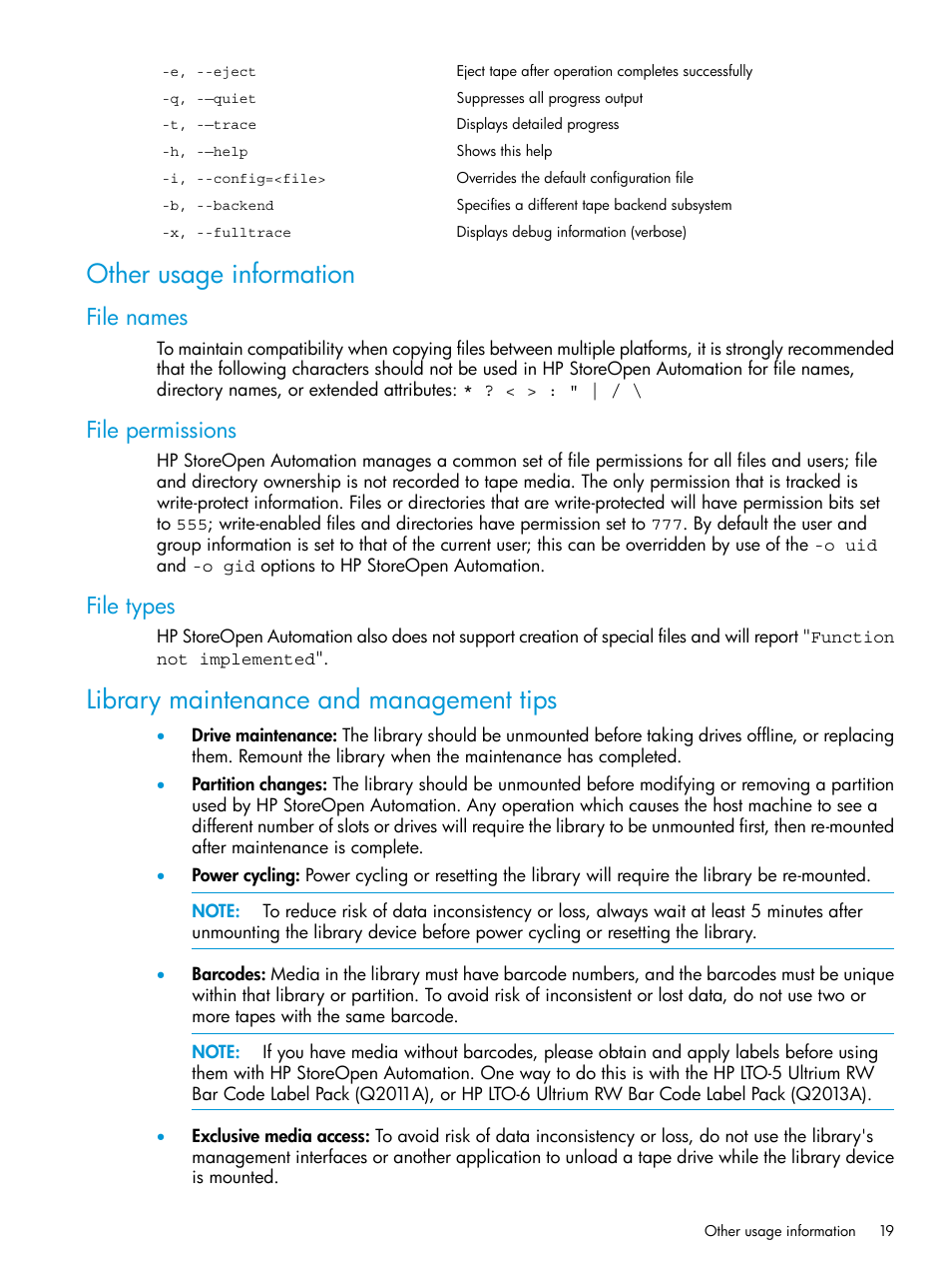 Other usage information, File names, File permissions | File types, Library maintenance and management tips, File names file permissions file types | HP StoreEver Ultrium Tape Drives User Manual | Page 19 / 25
