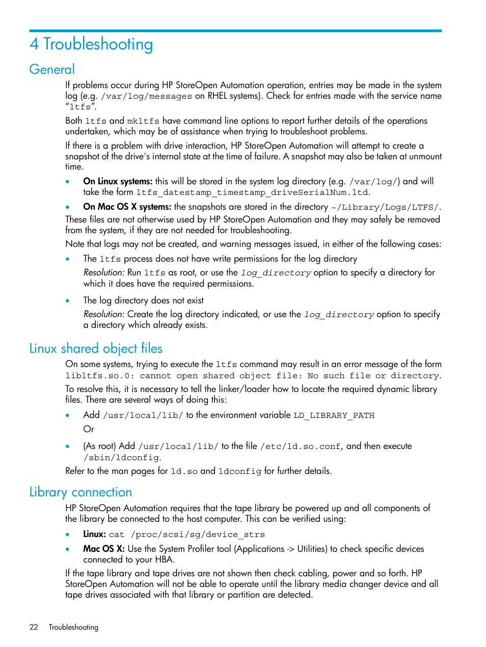 4 troubleshooting, General, Linux shared object files | Library connection | HP StoreEver Ultrium Tape Drives User Manual | Page 22 / 25