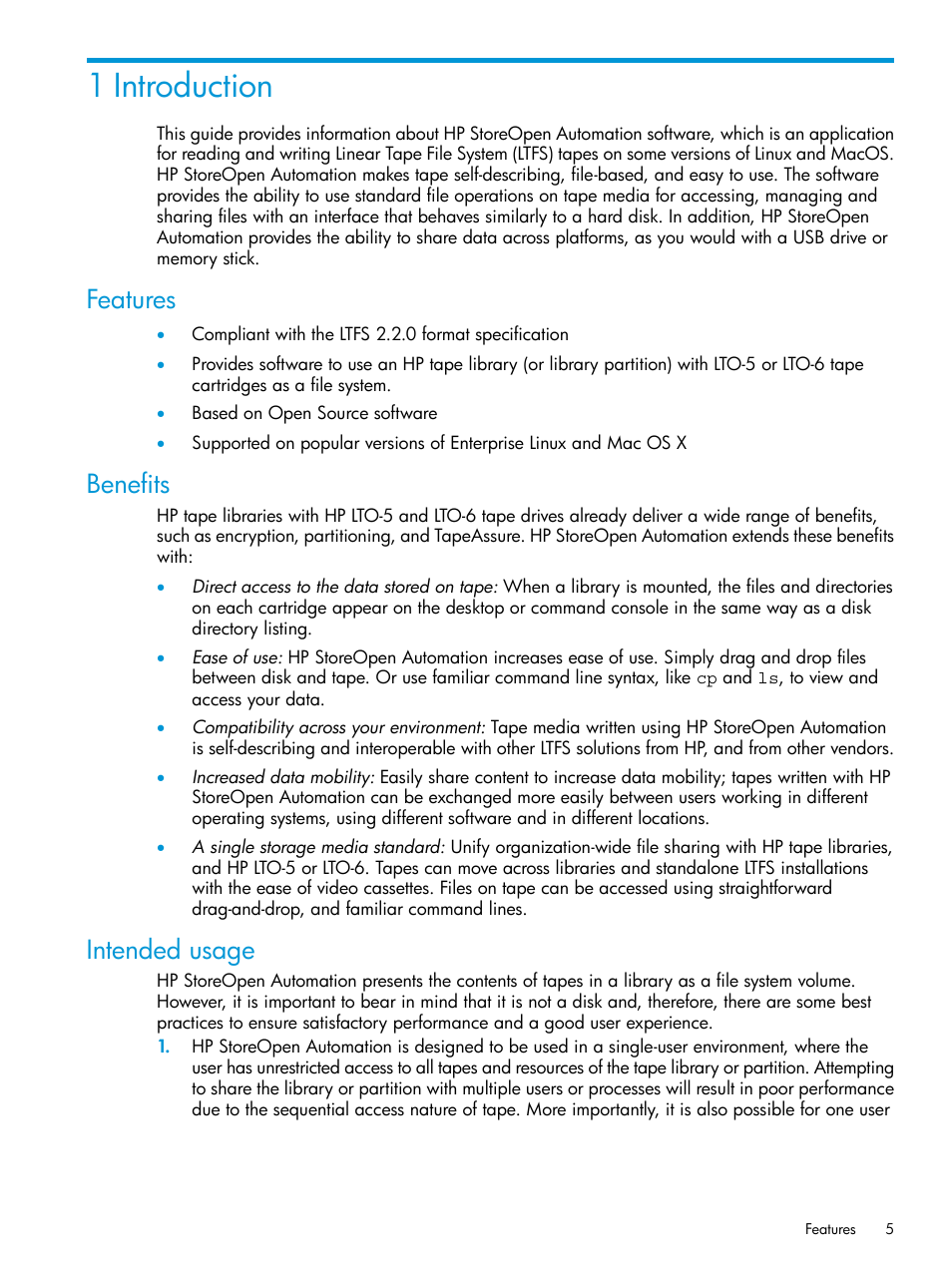 1 introduction, Features, Benefits | Intended usage, Features benefits intended usage | HP StoreEver Ultrium Tape Drives User Manual | Page 5 / 25