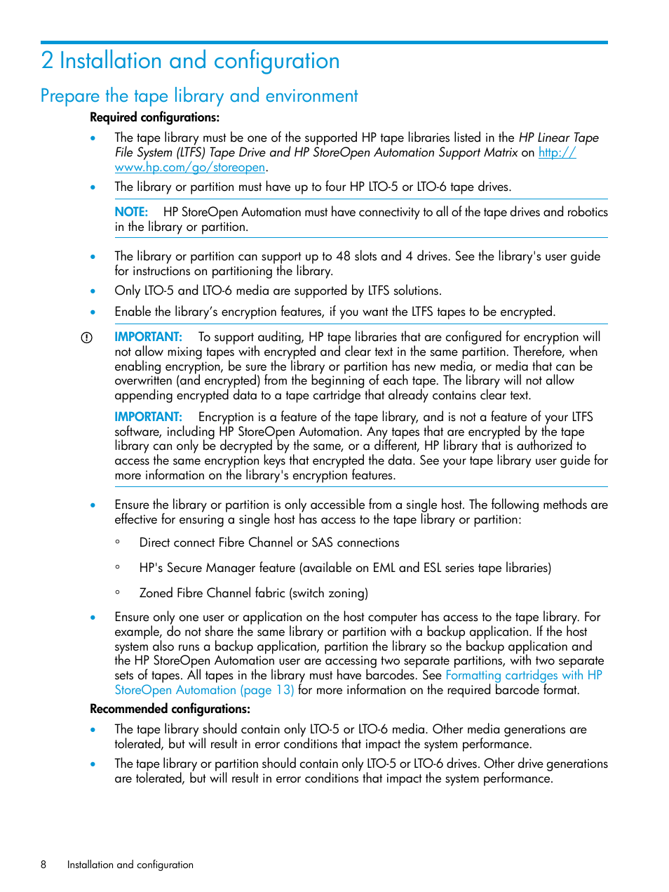 2 installation and configuration, Prepare the tape library and environment | HP StoreEver Ultrium Tape Drives User Manual | Page 8 / 25