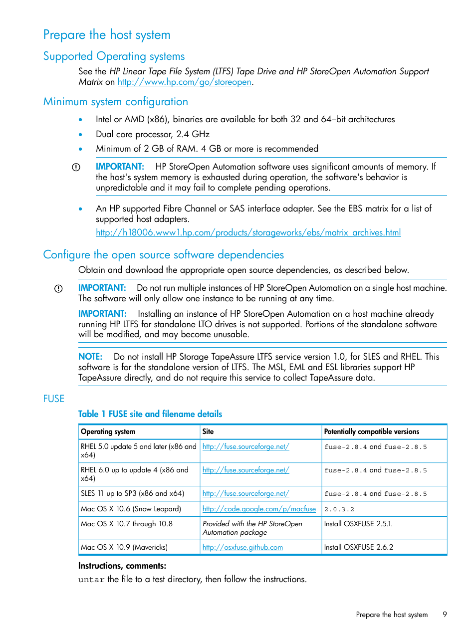 Prepare the host system, Supported operating systems, Minimum system configuration | Configure the open source software dependencies, Fuse | HP StoreEver Ultrium Tape Drives User Manual | Page 9 / 25
