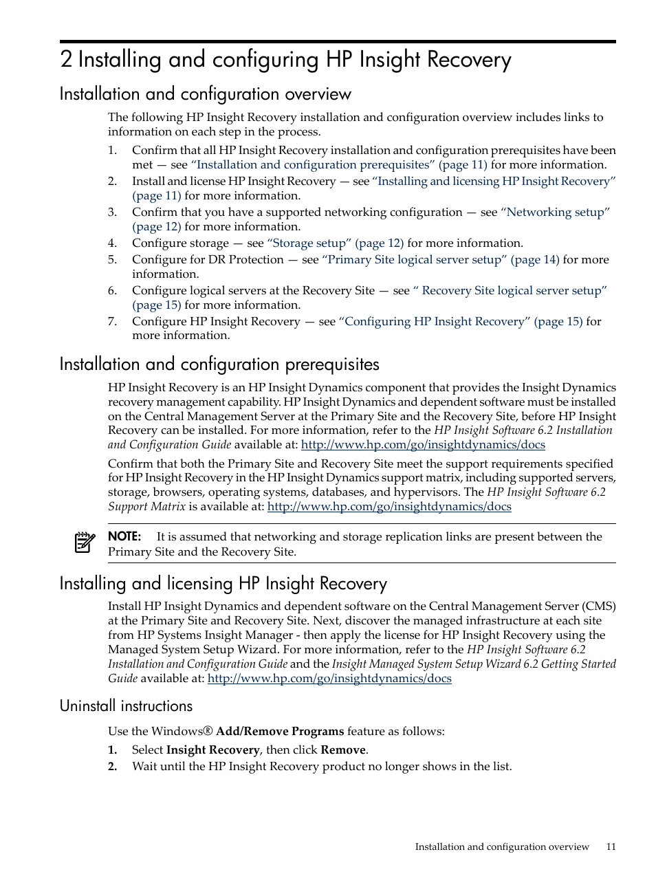 2 installing and configuring hp insight recovery, Installation and configuration overview, Installation and configuration prerequisites | Installing and licensing hp insight recovery, Uninstall instructions | HP Matrix Operating Environment Software User Manual | Page 11 / 36