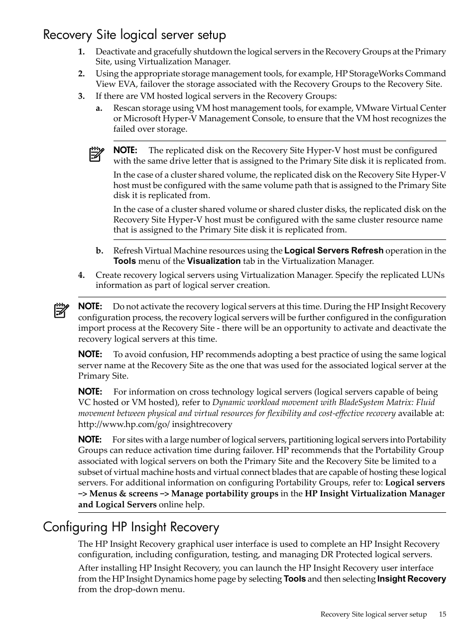 Recovery site logical server setup, Configuring hp insight recovery | HP Matrix Operating Environment Software User Manual | Page 15 / 36