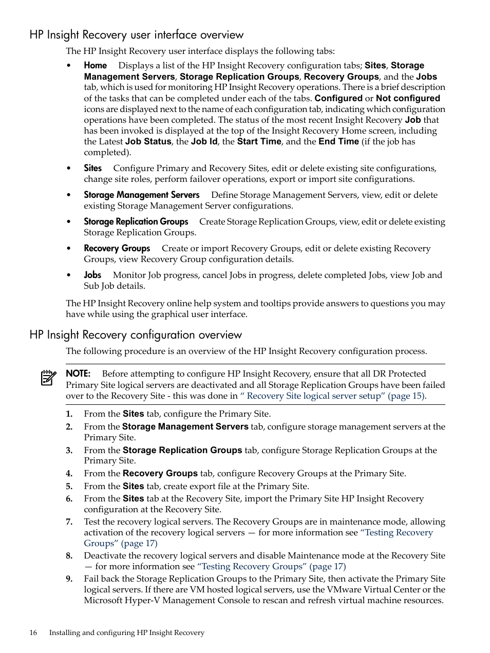 Hp insight recovery user interface overview, Hp insight recovery configuration overview | HP Matrix Operating Environment Software User Manual | Page 16 / 36