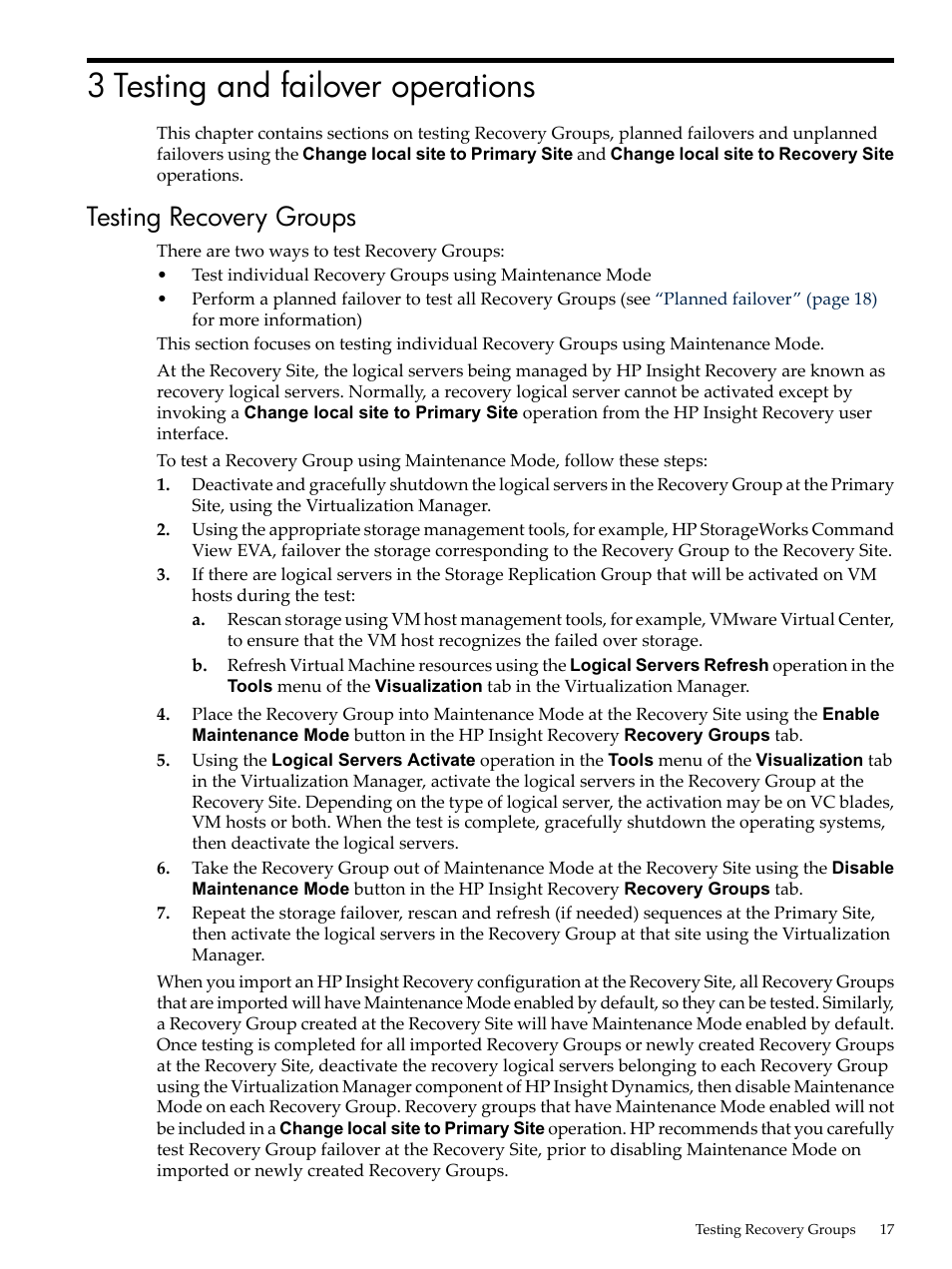 3 testing and failover operations, Testing recovery groups, Testing recovery | HP Matrix Operating Environment Software User Manual | Page 17 / 36