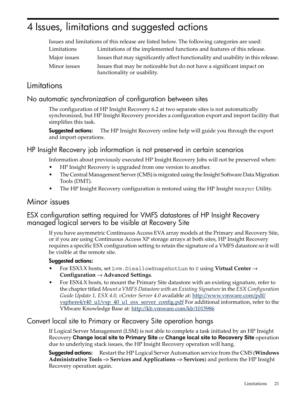 4 issues, limitations and suggested actions, Limitations, Minor issues | HP Matrix Operating Environment Software User Manual | Page 21 / 36