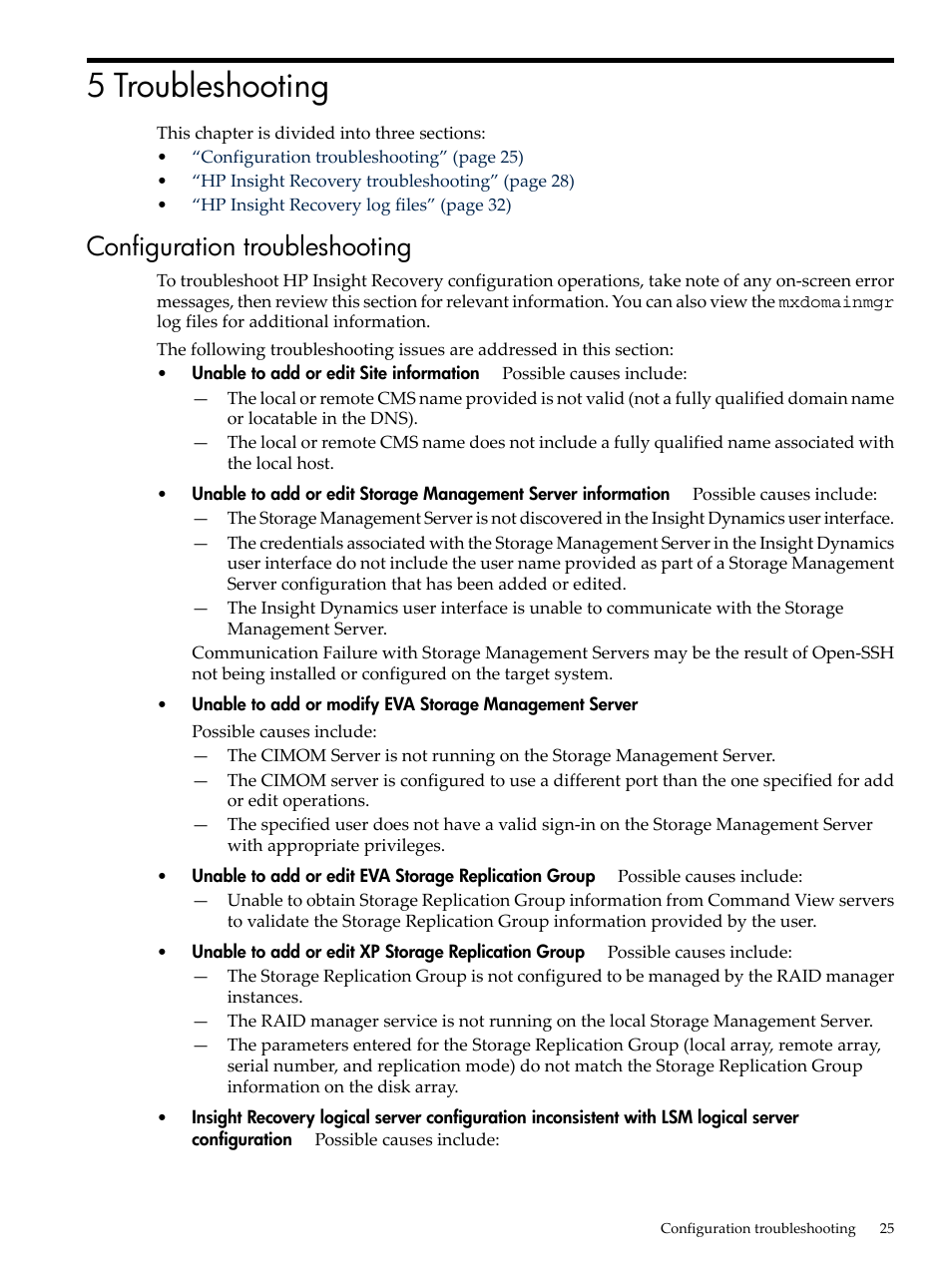5 troubleshooting, Configuration troubleshooting | HP Matrix Operating Environment Software User Manual | Page 25 / 36