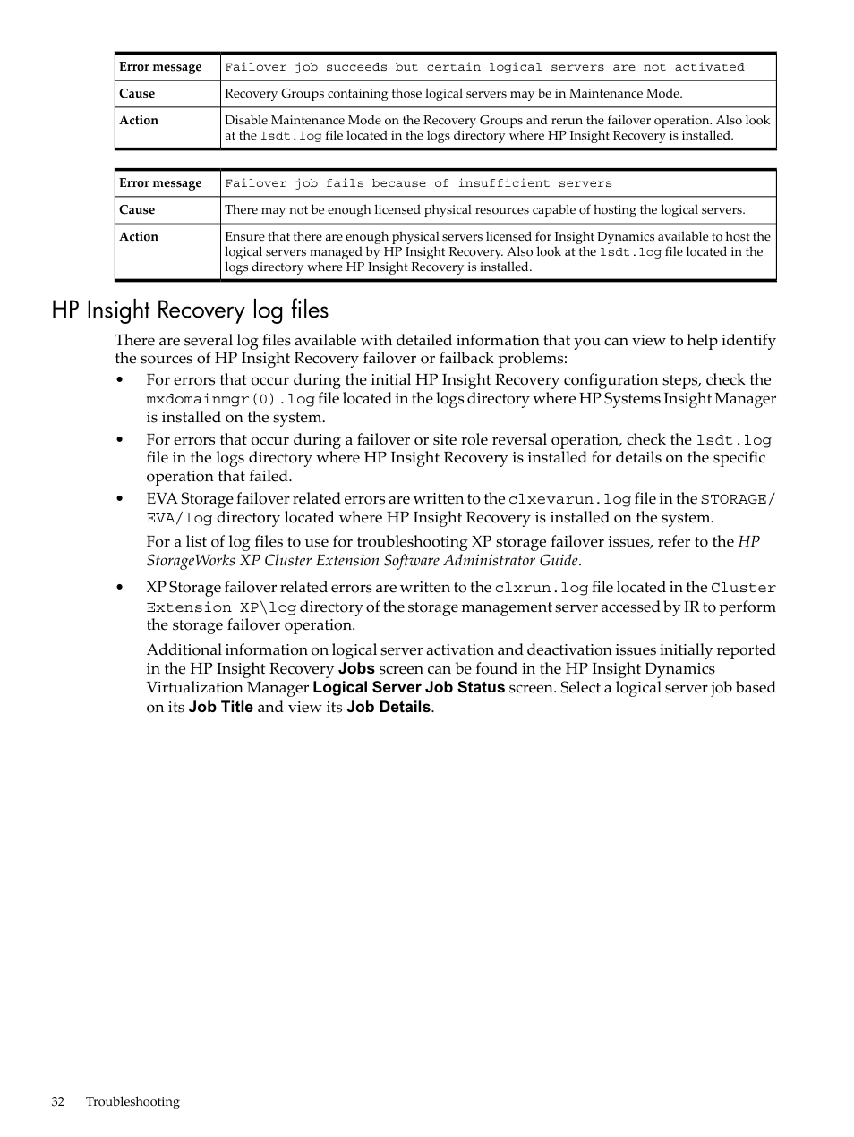 Hp insight recovery log files | HP Matrix Operating Environment Software User Manual | Page 32 / 36