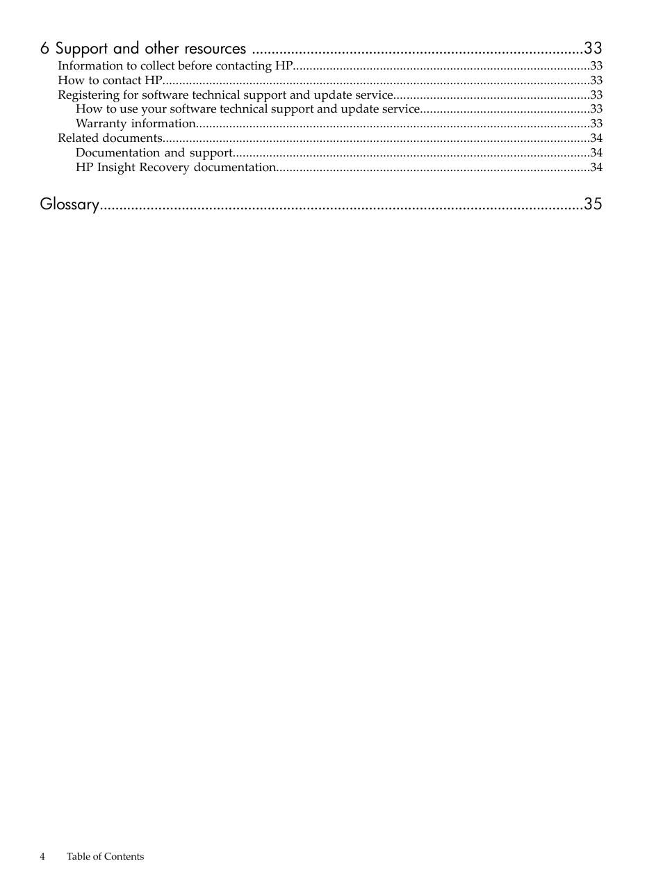 6 support and other resources, Glossary | HP Matrix Operating Environment Software User Manual | Page 4 / 36