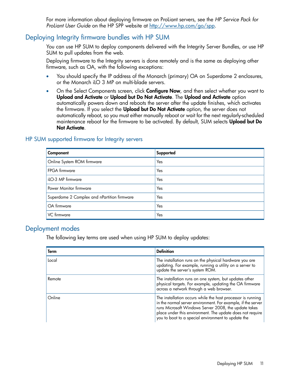 Deploying integrity firmware bundles with hp sum, Hp sum supported firmware for integrity servers, Deployment modes | HP Smart Update Manager User Manual | Page 11 / 77