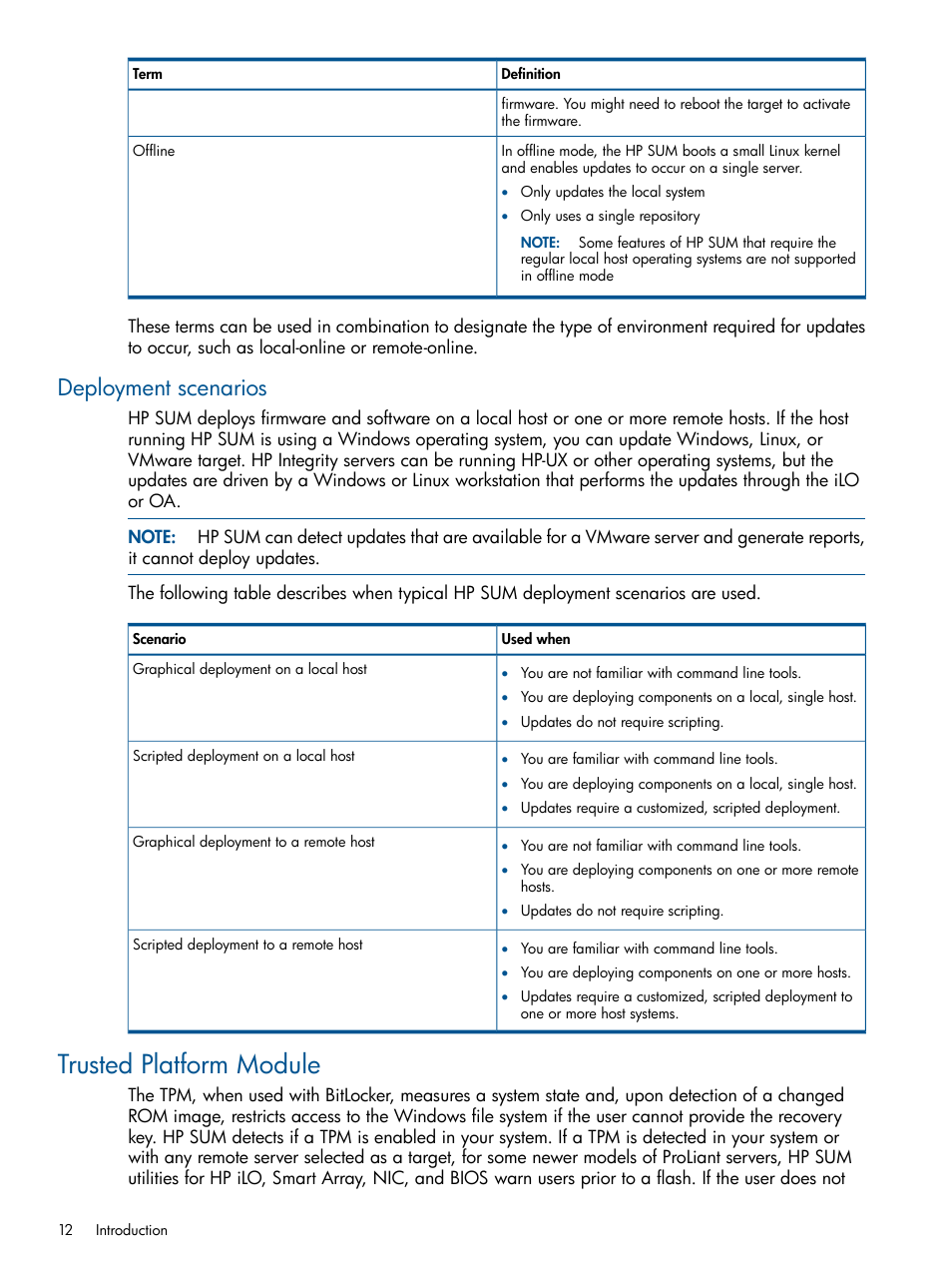 Deployment scenarios, Trusted platform module | HP Smart Update Manager User Manual | Page 12 / 77