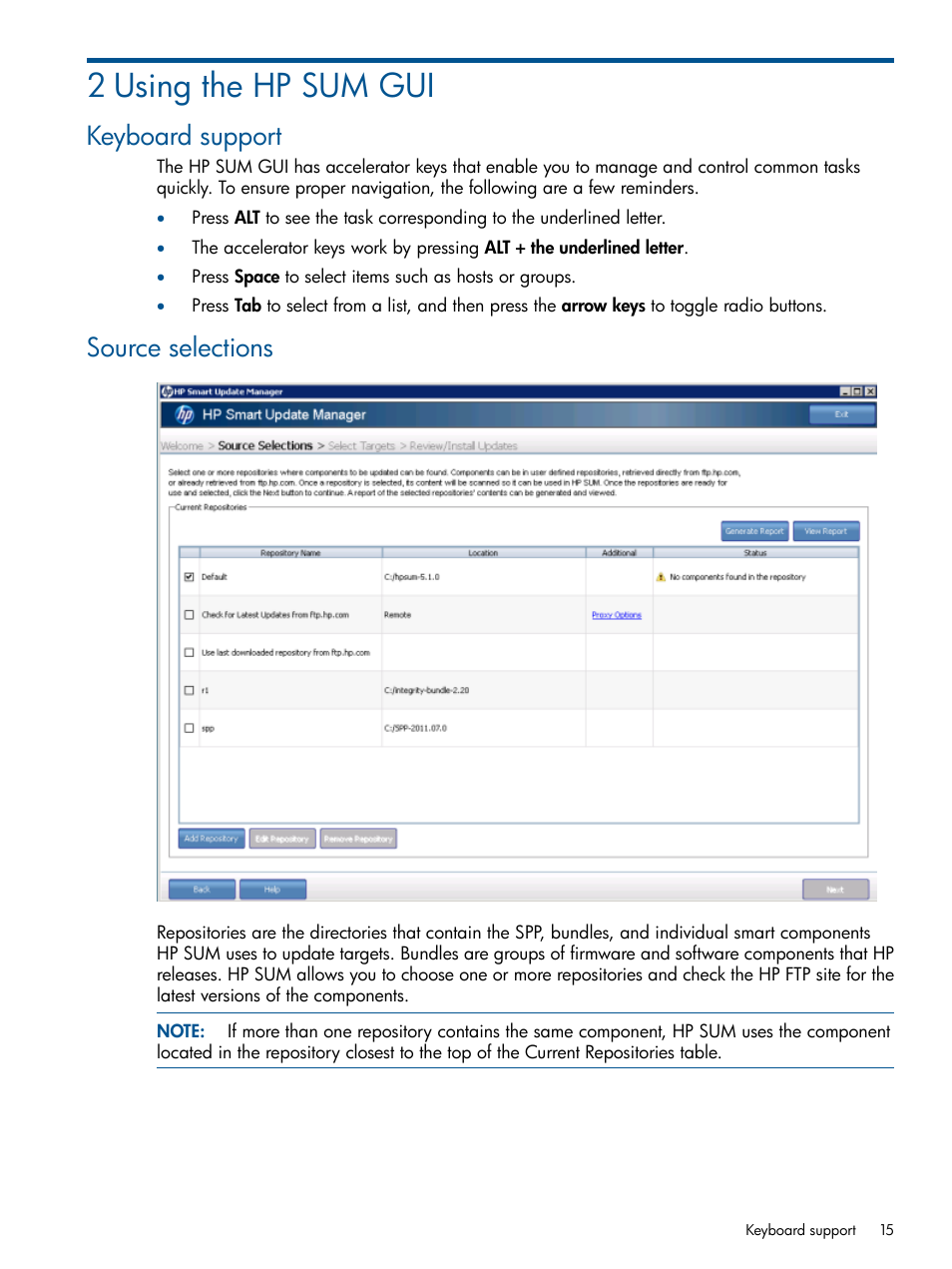 2 using the hp sum gui, Keyboard support, Source selections | Keyboard support source selections | HP Smart Update Manager User Manual | Page 15 / 77