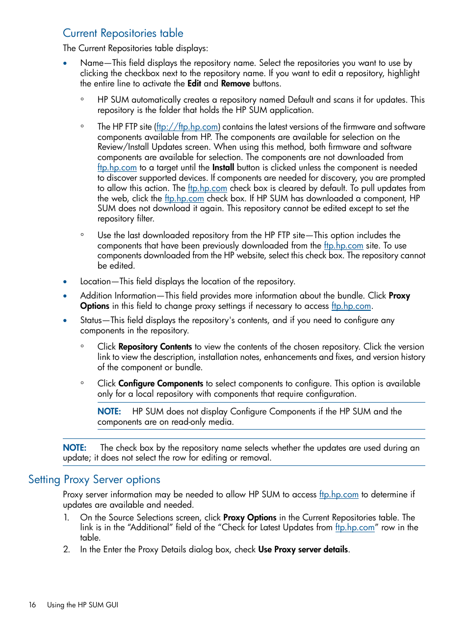 Setting proxy server options, Current repositories table | HP Smart Update Manager User Manual | Page 16 / 77