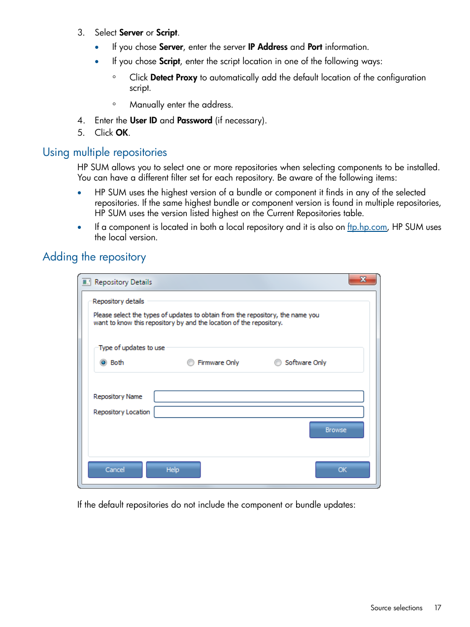 Using multiple repositories, Adding the repository, Using multiple repositories adding the repository | HP Smart Update Manager User Manual | Page 17 / 77