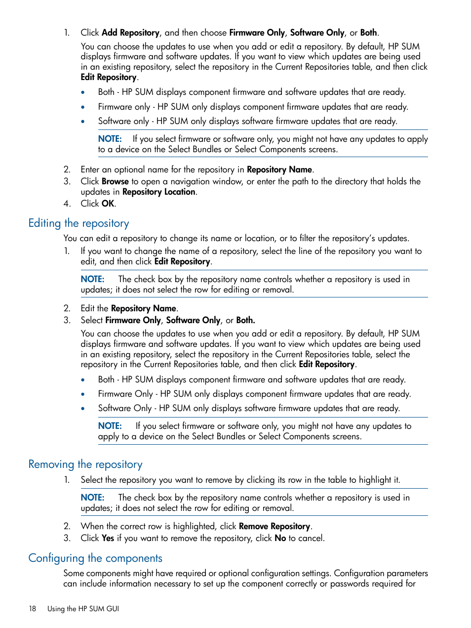 Editing the repository, Removing the repository, Configuring the components | HP Smart Update Manager User Manual | Page 18 / 77