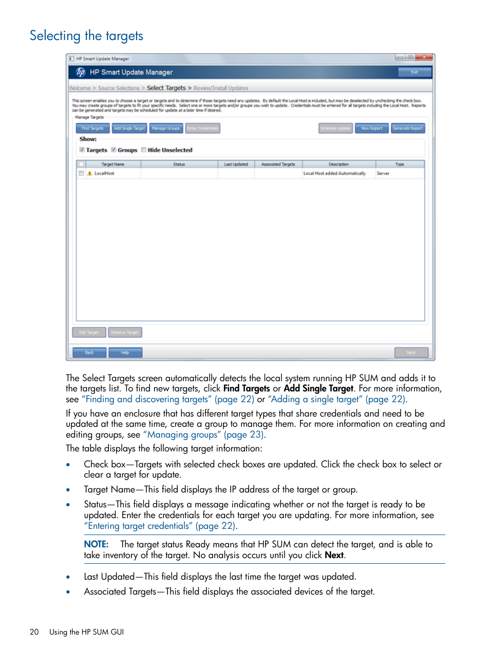 Selecting the targets | HP Smart Update Manager User Manual | Page 20 / 77