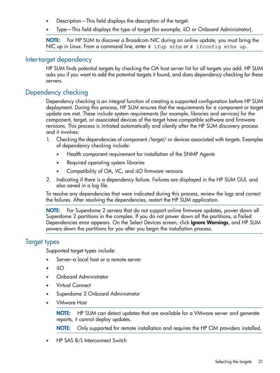 Inter-target dependency, Dependency checking, Target types | HP Smart Update Manager User Manual | Page 21 / 77