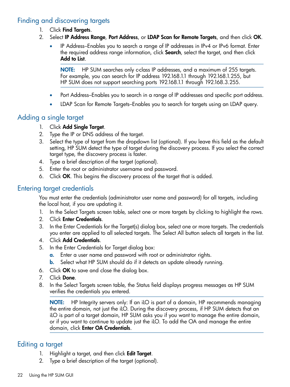 Finding and discovering targets, Adding a single target, Entering target credentials | Editing a target | HP Smart Update Manager User Manual | Page 22 / 77