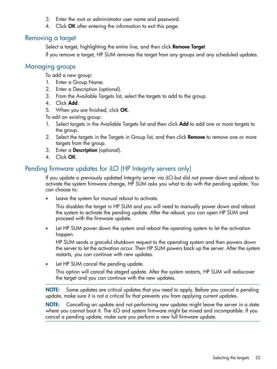 Removing a target, Managing groups | HP Smart Update Manager User Manual | Page 23 / 77