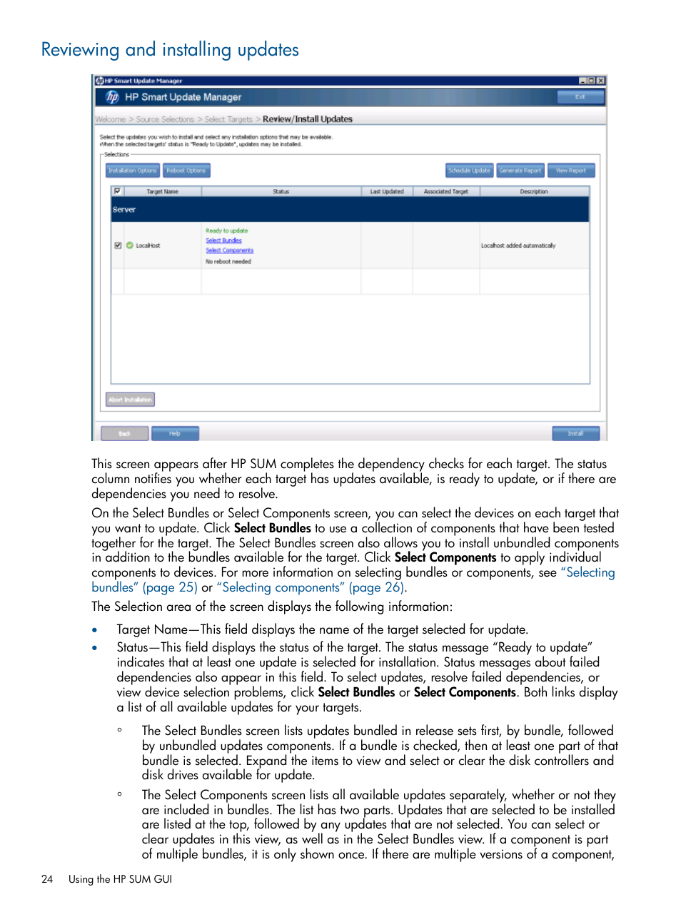 Reviewing and installing updates | HP Smart Update Manager User Manual | Page 24 / 77