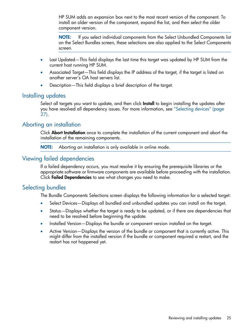 Installing updates, Aborting an installation, Viewing failed dependencies | Selecting bundles, Selecting | HP Smart Update Manager User Manual | Page 25 / 77