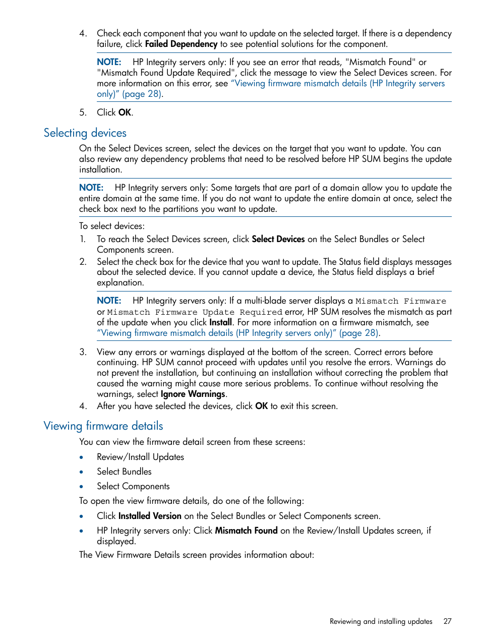 Selecting devices, Viewing firmware details, Selecting devices viewing firmware details | HP Smart Update Manager User Manual | Page 27 / 77