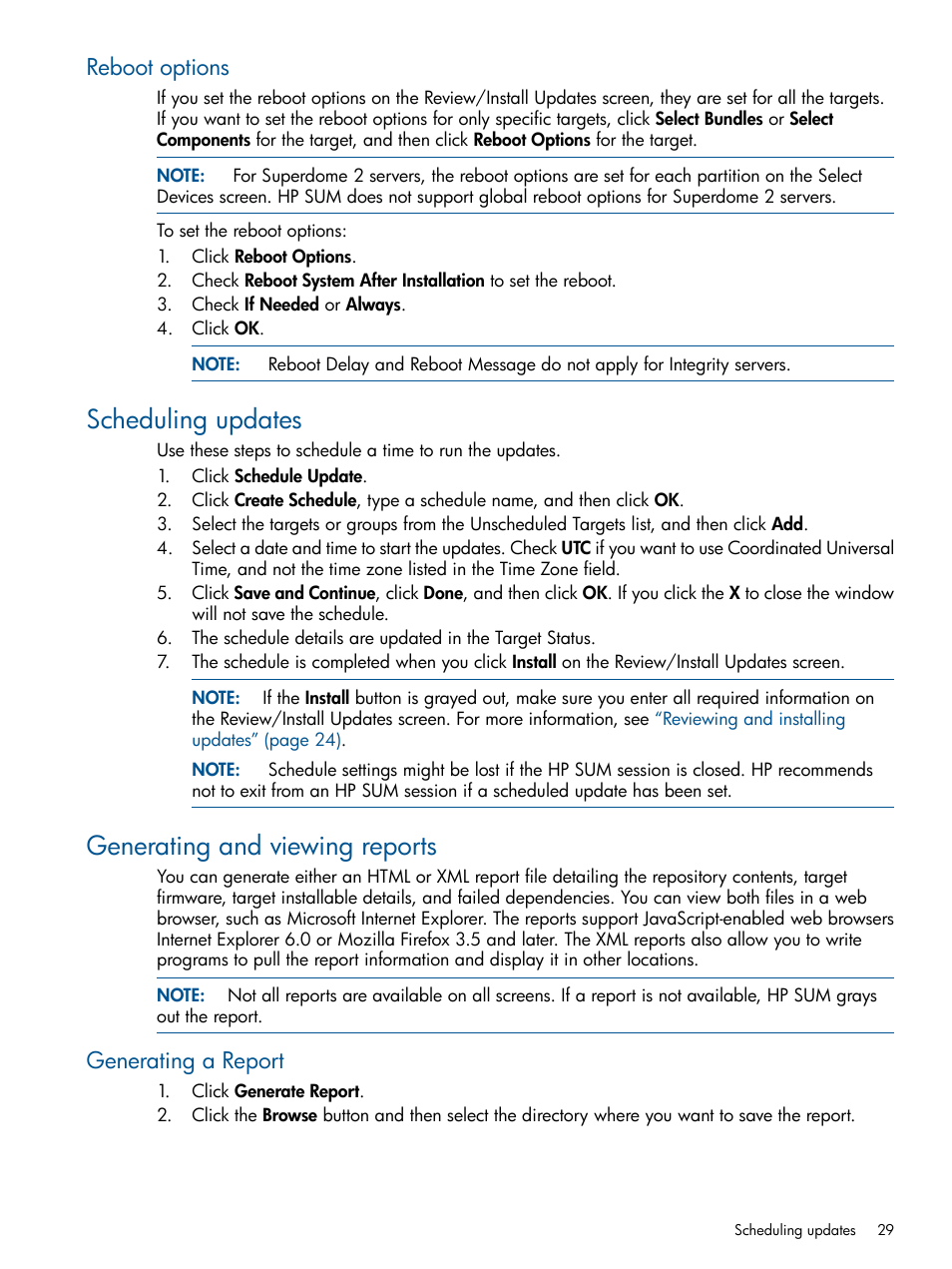 Reboot options, Scheduling updates, Generating and viewing reports | Generating a report, Scheduling updates generating and viewing reports | HP Smart Update Manager User Manual | Page 29 / 77