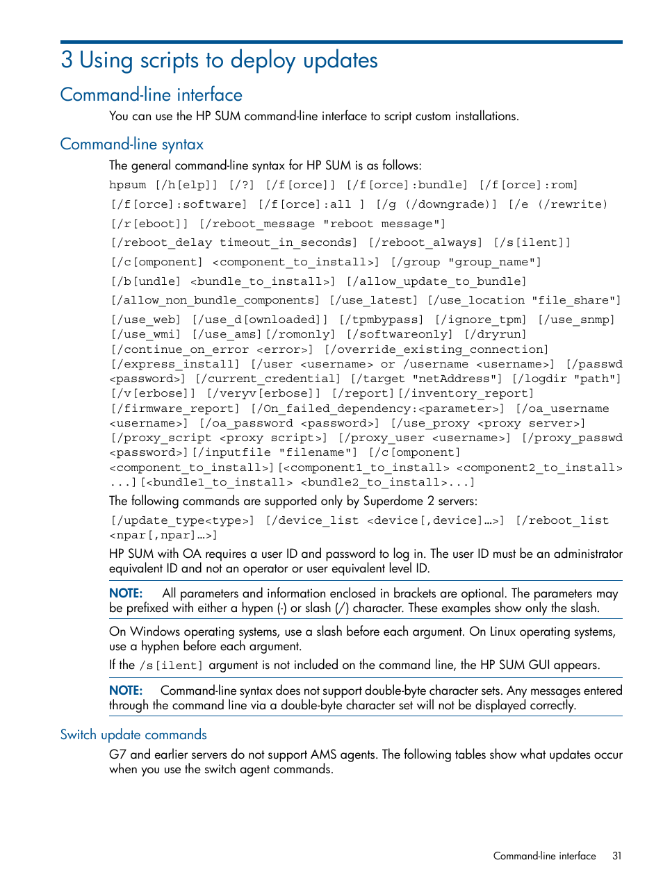 3 using scripts to deploy updates, Command-line interface, Command-line syntax | Switch update commands | HP Smart Update Manager User Manual | Page 31 / 77