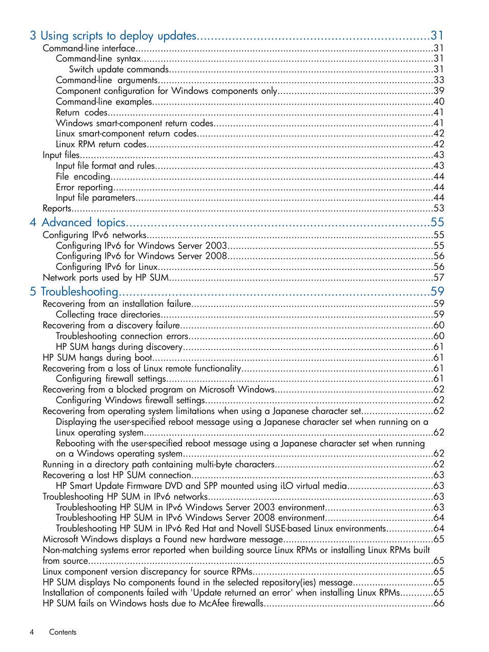 3 using scripts to deploy updates, 4 advanced topics, 5 troubleshooting | HP Smart Update Manager User Manual | Page 4 / 77