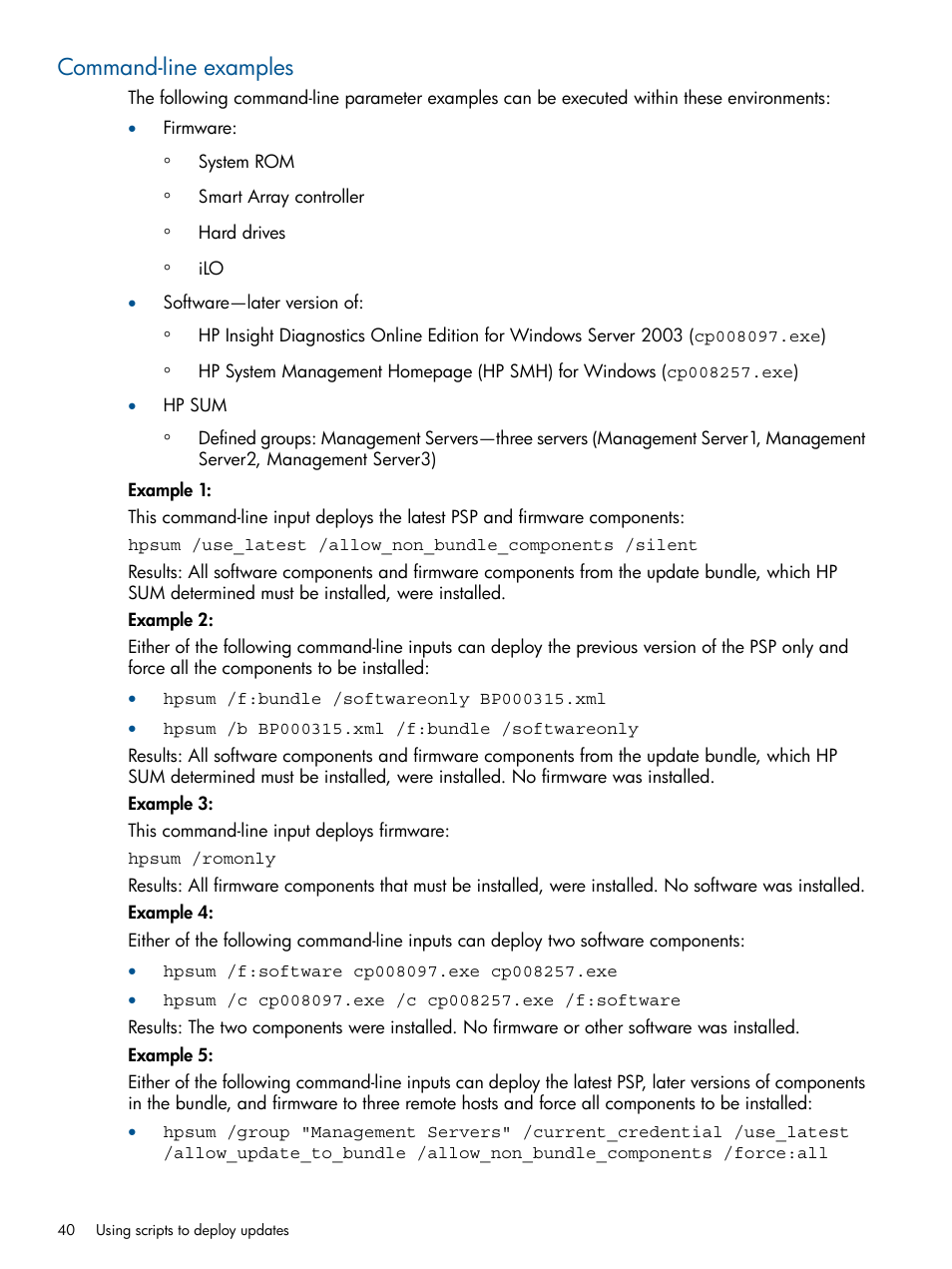 Command-line examples | HP Smart Update Manager User Manual | Page 40 / 77