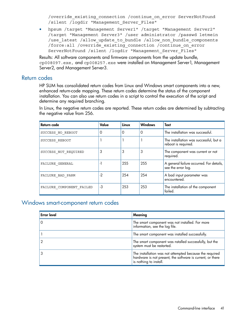 Return codes, Windows smart-component return codes, Return codes windows smart-component return codes | HP Smart Update Manager User Manual | Page 41 / 77