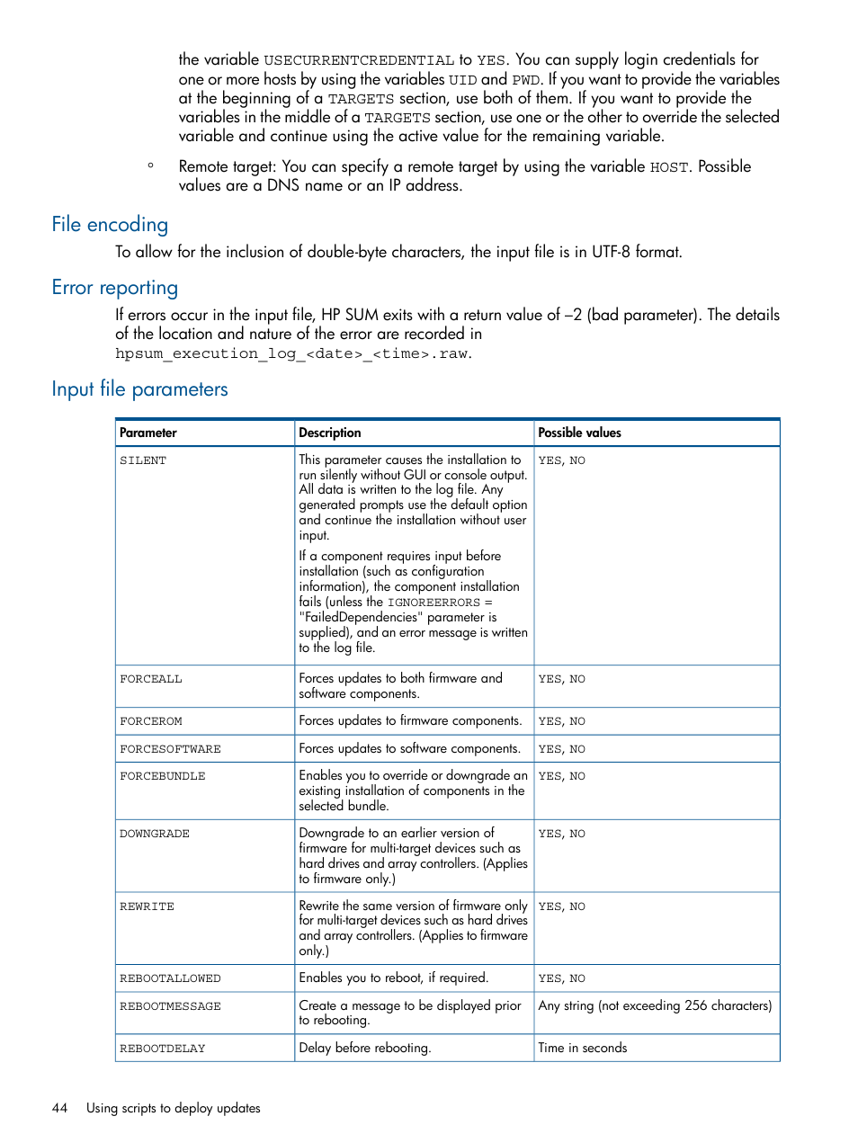 File encoding, Error reporting, Input file parameters | HP Smart Update Manager User Manual | Page 44 / 77